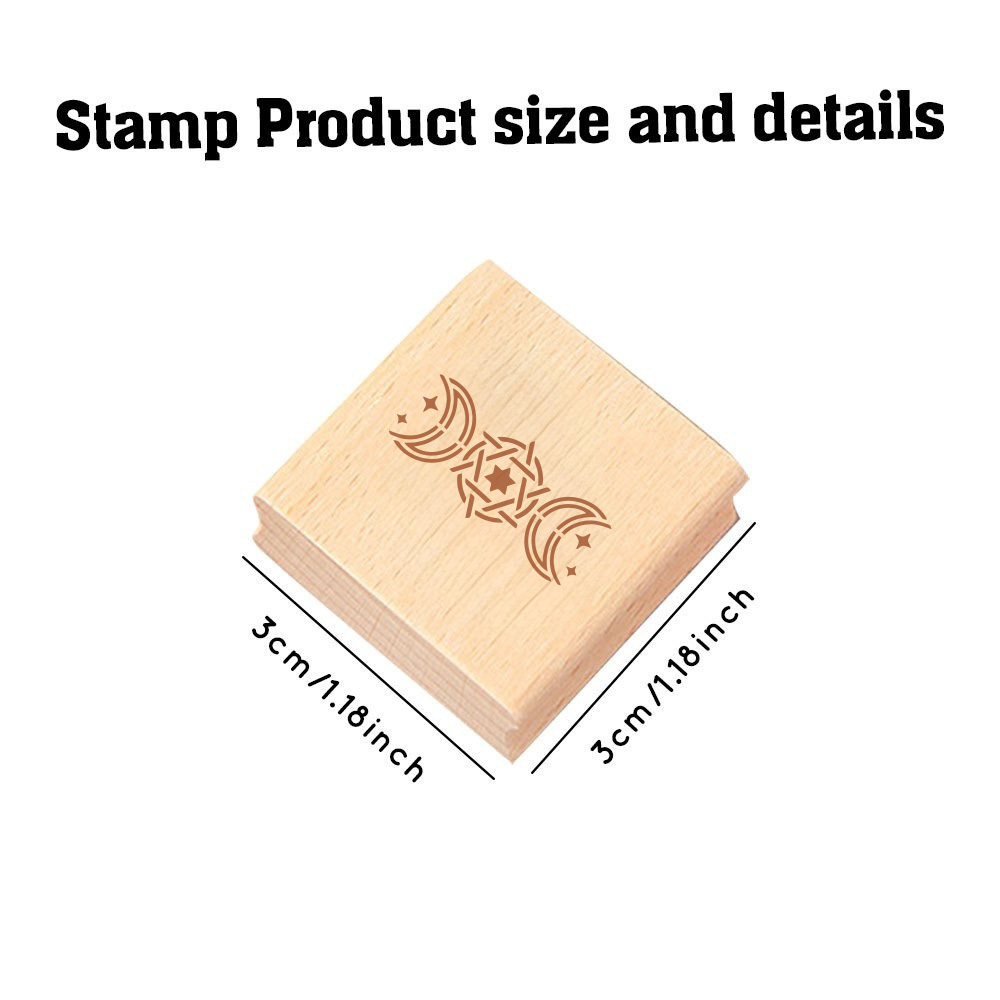 Natural Wooden Rubber Stamp with Moon Life Cycle and Hexagram Design